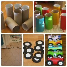 several different types of crafts and activities to do with paper tubes, toilet rolls, construction paper roll cars