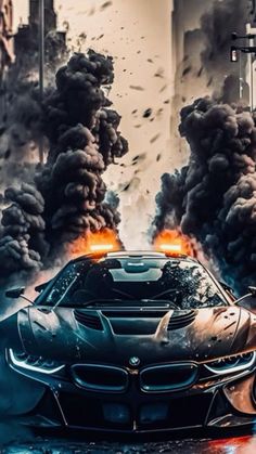 a black car with flames coming out of it