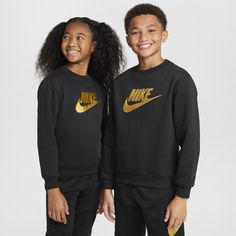 Meet our favorite essential for chilly days. Smooth on the outside and brushed soft on the inside, this lightweight fleece sweatshirt is a comfy layer when you want a little extra warmth. Black Fleece Sweatshirt For Sports, Sporty Black Sweatshirt With Name Print, Nike Black Urban Sweatshirt, Luxury Black Fleece Sweatshirt, Black Sweat-resistant Fleece Sweatshirt, Nike Sportswear Club Fleece, Sports Sneakers, Kid Lifestyle, Limited Edition Sneakers