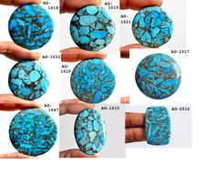 several pictures of turquoise colored stones in different sizes and shapes, including the size of each stone