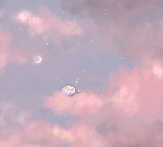 the sky is filled with pink clouds and there are two small objects floating in it