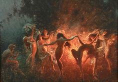 the painting depicts several women dancing around a fire with their hands in each other's pockets