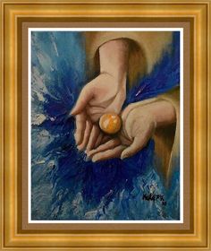 a painting of two hands holding an orange