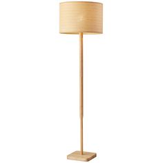 a wooden floor lamp with a beige shade on the base and a white drum light behind it