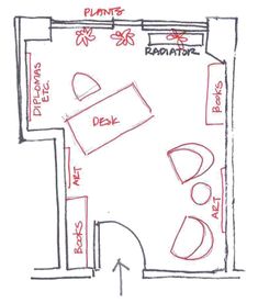 a drawing of a room with furniture and floor plans on the walls, including a bed