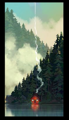 ArtStation - Little Red House, Christophe Oliver Poster Grafico, Landscape Illustration, Fantasy Landscape, Easy Paintings, In The Woods, 그림 그리기, Aesthetic Art