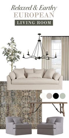 a living room with furniture and decor in neutral colors, including beiges, greys,