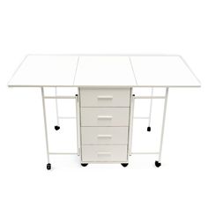 a white table with four drawers on wheels