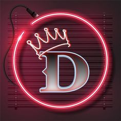 a neon sign with the letter d in it's center and an electric cord