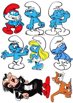 the smurfs cartoon characters are depicted in various poses and colors, including blue