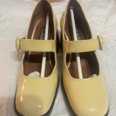 Authentic Carel Shoes, Retail Price $350 And Now All Sold Out. Classic Mary Jane Silhouette With A Round/Almond Toe, Patent Leather, Adjustable Buckle Strap, And Block Heels. Heel Height ~ 6.5 Cm/2.55 Inches. The Color Is Natural White (Now Slightly Yellowed Due To Exposure To Air). See Signs Of Wear In Picture. They Were Gently Cared For And Still Have Plenty Of Life. Carel Shoes, Mary Jane Pumps, Cream White, Mary Janes, And Now, Shoes Women Heels, Patent Leather, Block Heels, Heel Height