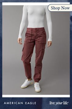 Snappy stretch poplin/Elastic waist with zip fly/Patch pockets/Cargo pockets/Elastic cuff/These pants are Real Good: Made with the planet in mind & a promise to continue to do better. Cargo Joggers, Do Better, Cargo Pants, American Eagle Outfitters, Women's Jeans, American Eagle, Elastic Waist, Outfit Ideas, Fashion Inspo