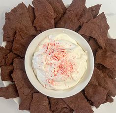 a white plate topped with chocolate chips and cream