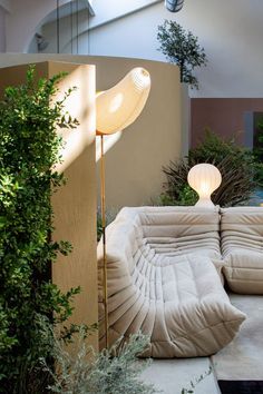 a living room filled with lots of furniture next to a tall plant in the corner