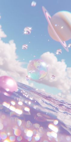 some bubbles floating in the air and on top of water under a blue sky with white clouds