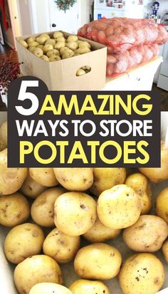 potatoes piled up in boxes with text overlay reading 5 amazing ways to store potatoes