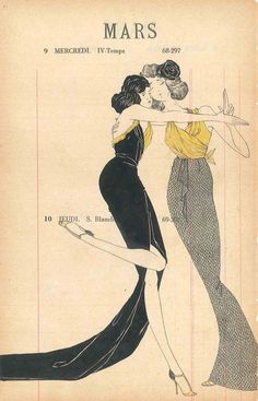 an old fashion magazine cover shows two women in evening dresses, one with her arm around the other's neck