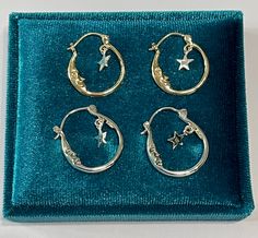 Stylish Celestial Half Moon and Star Hoop Earrings ~ Three Choices to choose from:  Option 1- 10k Double Sided Yellow gold Moon with sterling silver star Earrings: 1 x 7/8" or 21.5 mm x 19.5 mm -Weight (both earrings): 2.80 grams Option 2- Double Sided Sterling Silver Earrings: 1 x 7/8" or 21.5 mm x 19.5 mm-Weight (both earrings): 5.27 grams Option 3- Single Sided Sterling Silver Earrings: 1 x 7/8" or 21.5 mm x 19.5 mm-Weight (both earrings): 2.92 grams ERA- 2023 METAL / MATERIAL - 10k Yellow Gold, Sterling Silver MARKINGS / HISTORY - Earrings are marked 10k and or 925 CONDITION - New Moon Hoop Earrings, 70s Hoop Earrings, Whimsigoth Earrings, Sterling Silver Star Earrings, Star Hoop Earrings, Silver Star Earrings, Celestial Earrings, Moon And Star Earrings, Dope Jewelry