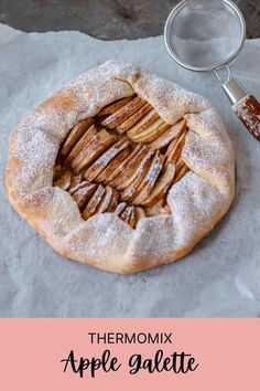 thermomix apple galette pie with cinnamon sugar crust on top and text overlay