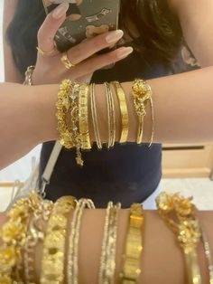 #jewelry #gold Dubai Gold Aesthetic, Gold Jewelry Stack Aesthetic, Gold Jewelry Aesthetic Y2k, Y2k Gold Jewelry, Good Jewelry Aesthetic, Gold Bangles Aesthetic, Gold Stacked Bracelets, 90s Gold Jewelry, Asian Gold Jewelry