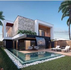 an artist's rendering of a modern house with a pool