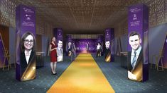 an artist's rendering of a hallway with purple walls and yellow carpeted floor