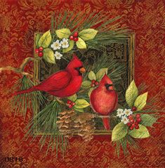 Beautiful Christmas Holiday Decoupage Napkin for Crafting, Scrapbooking, Journaling, Mixed Media Barber Illustration, Cardinal Paintings, Cardinal Cards, Shirley Barber, Napkin Cards, Winter Entertaining, Botanical Christmas, Christmas Birds, Cardinal Christmas