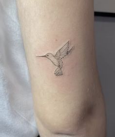 a small hummingbird tattoo on the right side of the leg, it is black and white