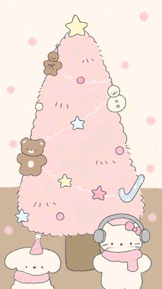 a pink christmas tree with teddy bears around it