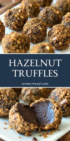 chocolate truffles on a plate with the words hazelnut truffles