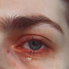 a close up view of the eye of a person with brown hair and blue eyes