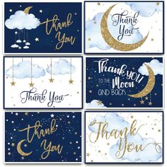 thank you cards with gold foil lettering and stars on the night sky, set of four