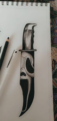 a pencil drawing of a knife with a hat on it's head and another pen next to it