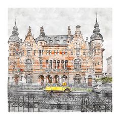 a drawing of a yellow car parked in front of a large building with many windows