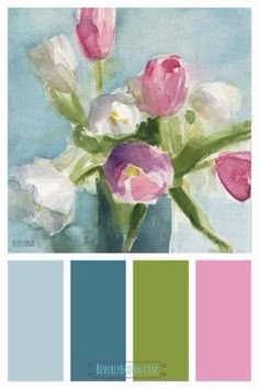 some pink and white tulips are in a vase on a blue background with color swatches