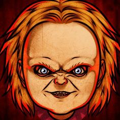 a drawing of a creepy clown with blue eyes and blonde hair, on a red background