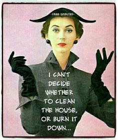 a woman with horns on her head is wearing black gloves and has the words i can't decide whether to clean the house or burn it down