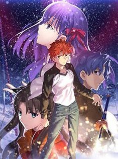 an anime poster with three people standing in the snow and one is holding onto another person's shoulder