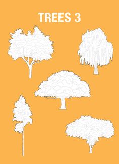 four trees in different stages of growth on an orange background with the words trees 3 above them