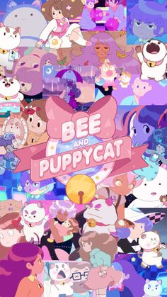 the poster for bee and puppycat is shown with many different characters in it