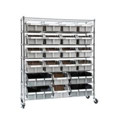 a metal shelving unit with several bins on wheels and two trays in the middle