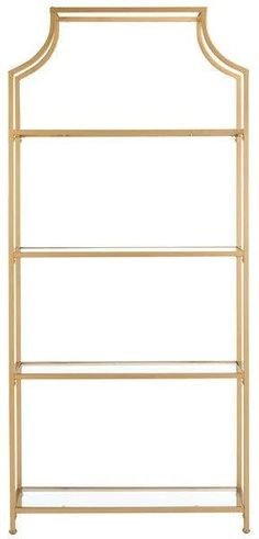 a gold shelf with three shelves on each side