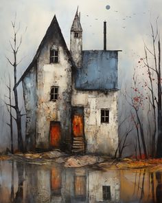 a painting of an old house in the woods with trees and water reflecting off it's surface