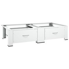 two white drawers with metal handles on each side