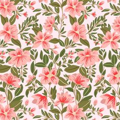 pink flowers and green leaves on a light pink background seamless wallpaper pattern stock photo