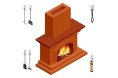 an illustration of a brick fireplace with firewood and tools around it on a white background