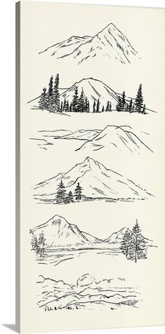 an ink drawing of mountains and trees