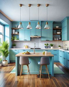 a kitchen with blue cabinets and wooden floors is pictured in this image, there are two stools at the center of the island