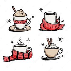 four cups of coffee and scarfs with stars on the background freehand drawing for beginners