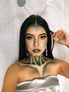 Alien Makeup Halloween Pretty, Womens Alien Costume Makeup, Galactic Halloween Costume, Grey Alien Costume, Martian Makeup Halloween, Alien Halloween Costumes Diy, Alien Makeup Pretty Halloween Costumes, Alien Hair And Makeup, Easy Diy Alien Costume